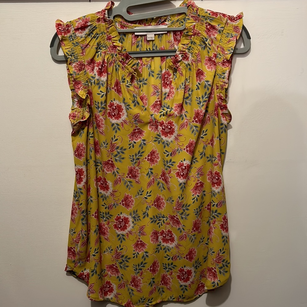 LOFT Eyelet Ruffle Button Neck Top XS